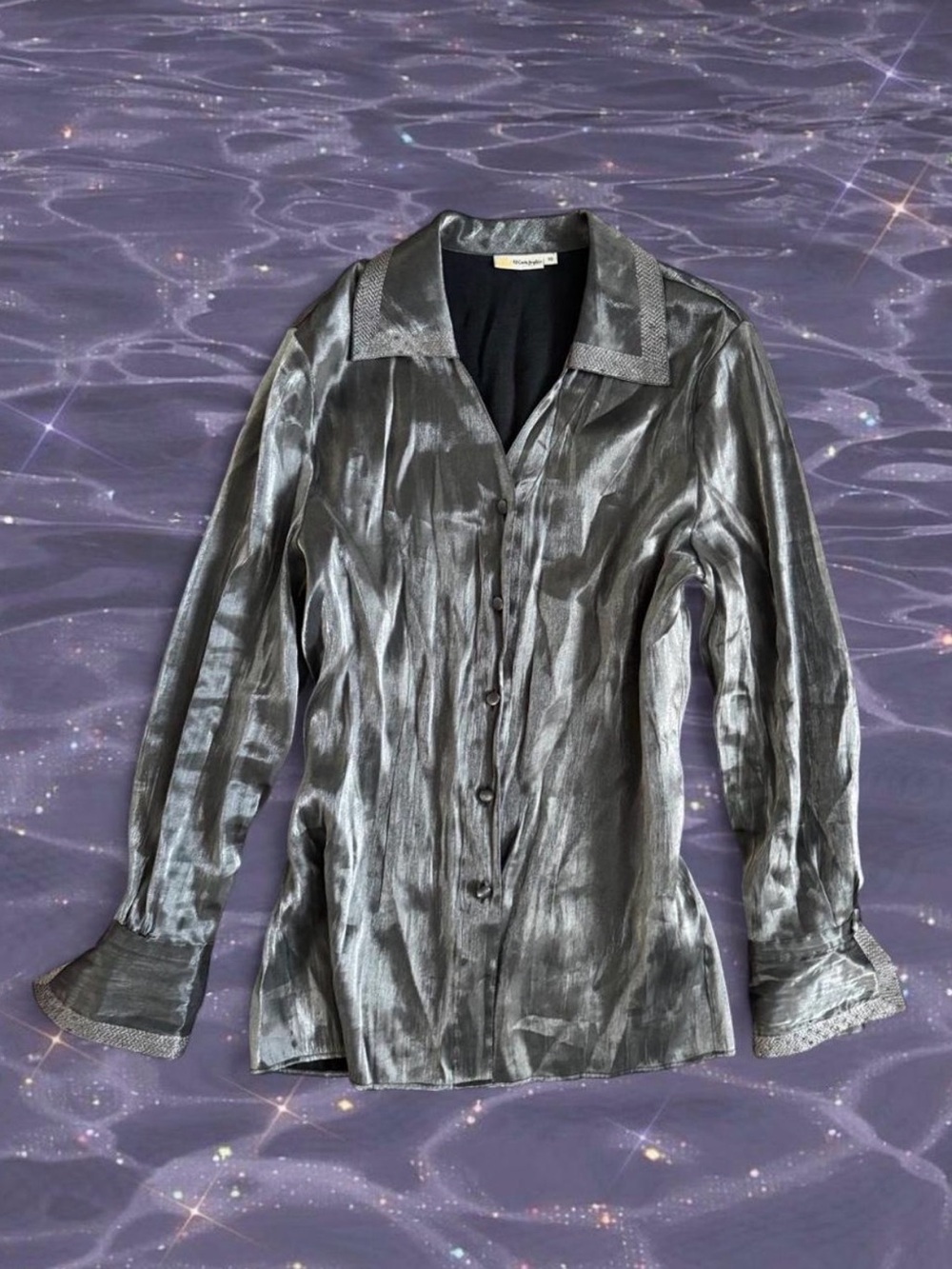 Vintage El Corte Inglés Y2K Metallic Button Up Blouse Beaded Collar V Neck Spain